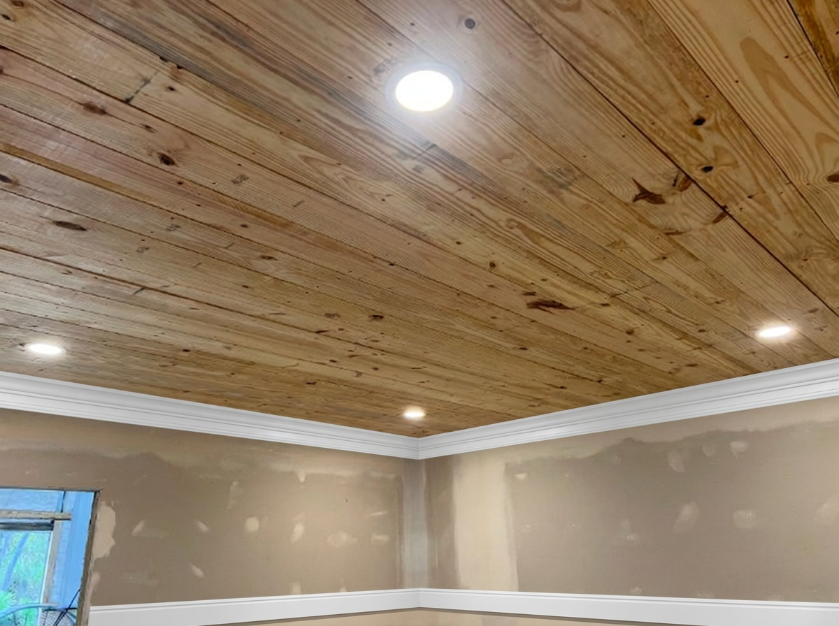 Close view of the finished wood plank ceiling with recessed lighting and white crown molding in the Waverly GA renovation